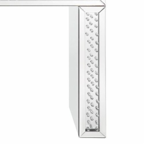 Mirror Accented Wood And Glass Vanity Desk With Faux Crystal Inlay, Silver Perspective: back