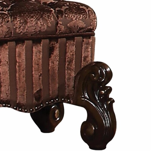 Tufted Fabric Upholstered Wooden Vanity Stool With Scrolled Legs, Cherry Oak Brown Perspective: back