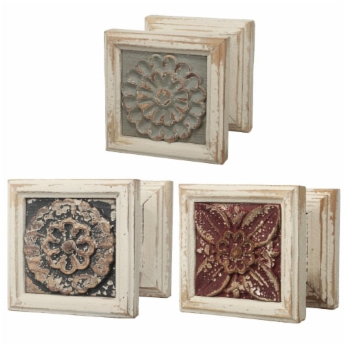Decorative Wooden Table Stands With Distressed Details, Multicolor, Set of Three- Saltoro Perspective: back