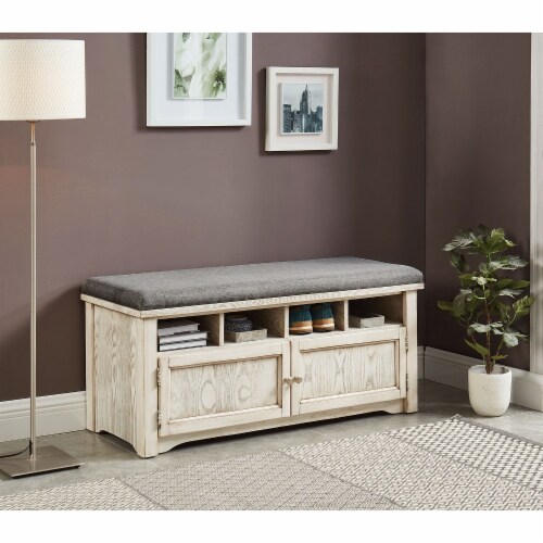 Spacious Wooden Shoe Bench with Linen Upholstered Cushioned Seat, White and Gray Perspective: back