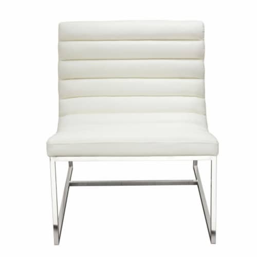 Leather Upholstered Lounge Chair with Channel Tufting Details  and Steel Frame, White  and Perspective: back