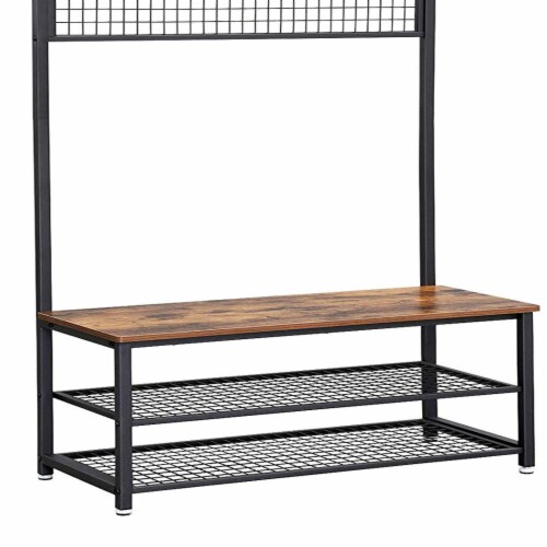 Benjara BM195874 Metal Coat Rack with Wooden Bench - Two Mesh Shelves & Grid Panel - Brown & Perspective: back