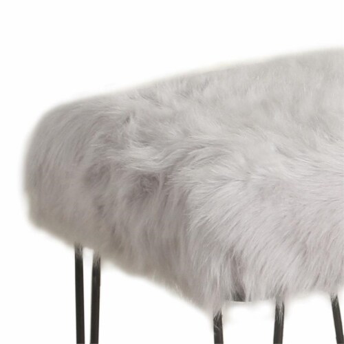 Benjara 18.5  Transitional Faux Fur and Metal Stool in Gray and Black Perspective: back
