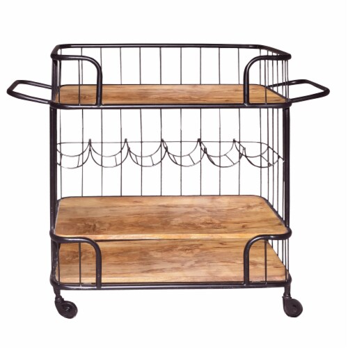 Metal Frame Bar Cart with Wooden Top and 2 Shelves, Black and Brown Perspective: back