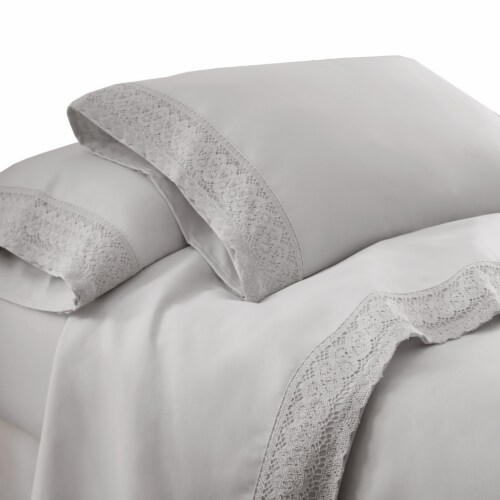 Udine 3 Piece Twin Size Microfiber Sheet Set with Crochet lace The Urban Port, Gray Perspective: back
