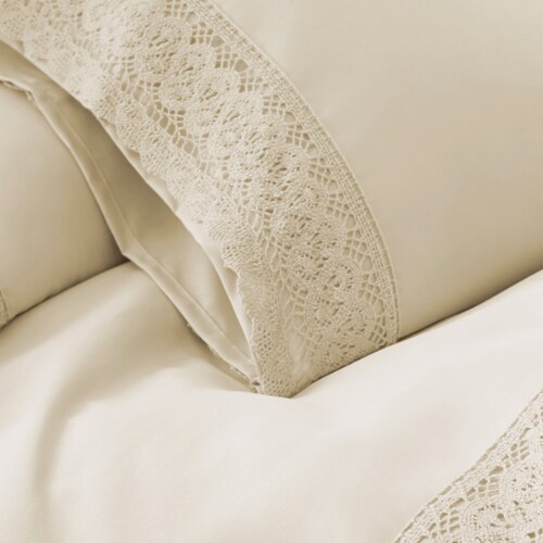 Udine 3 Piece Twin Size Microfiber Sheet Set with Crochet lace The Urban Port, Cream- Saltoro Perspective: back