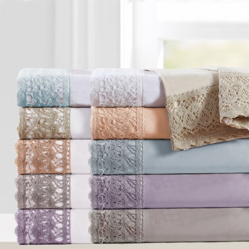 Udine 4 Piece Full Size Microfiber Sheet Set with Crochet Lace The Urban Port, Cream Perspective: back