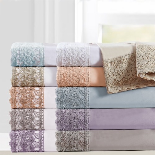 Udine 4 Piece Queen Size Microfiber Sheet Set with Crochet Lace The Urban Port, Gray- Saltoro Perspective: back