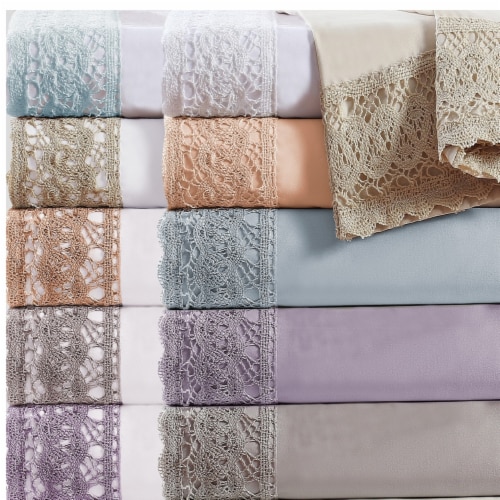 Udine 4 Piece Queen Size Microfiber Sheet Set with Crochet Lace The Urban Port, White Perspective: back