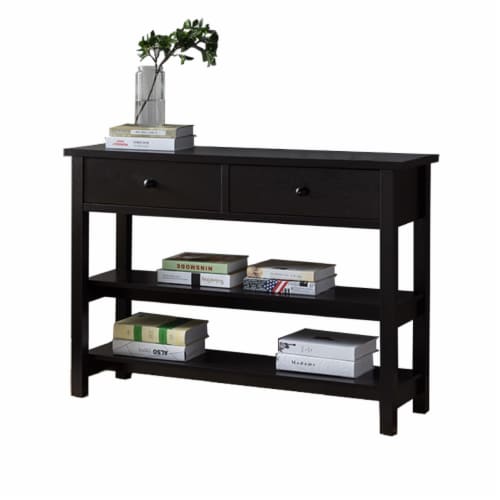 Two Drawer Console Table with Two Open Shelves and Block Legs, Dark Brown- Saltoro Sherpi Perspective: back