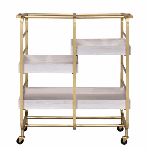 Metal Frame Serving Cart with Adjustable Compartments,Gold and Washed White- Saltoro Sherpi Perspective: back