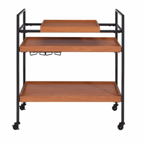 Metal Frame Serving Cart with Adjustable Compartments, Oak Brown and Black- Saltoro Sherpi Perspective: back