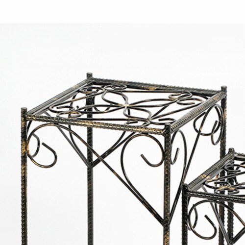 Benjara BM216726 Scrolled Metal Frame Plant Stand with Square Top, Black - Set of 2 Perspective: back