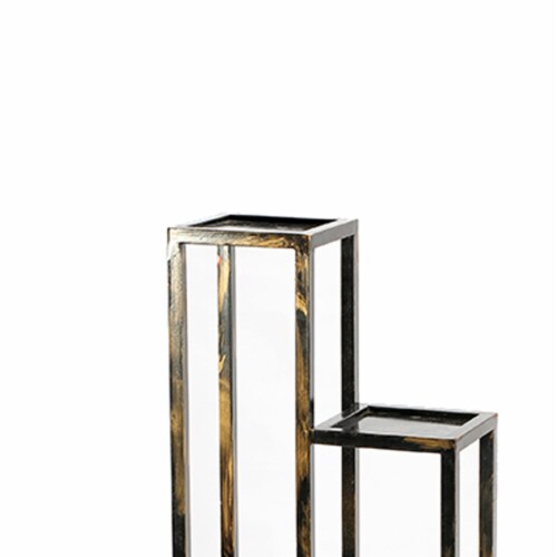 Benjara BM216736 4 Tier Cast Iron Frame Plant Stand with Tubular Legs, Black & Gold Perspective: back