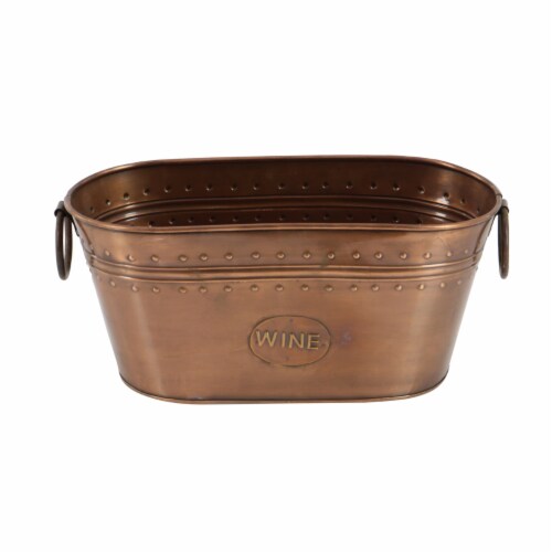 Metal Wine Cooler with Ring Handle and Studded Nail Accents, Bronze- Saltoro Sherpi Perspective: back