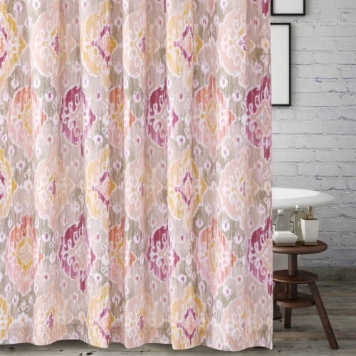 Fabric Shower Curtain with Medallion Pattern and Button Holes, Multicolor- Saltoro Sherpi Perspective: back
