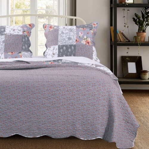 Microfiber Quilt and 1 Pillow Sham Set with Floral Prints, Multicolor Perspective: back