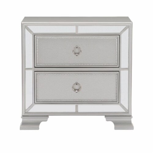 2 Drawer Wooden Nightstand with Mirror Trim and Ring Pulls, Silver Perspective: back