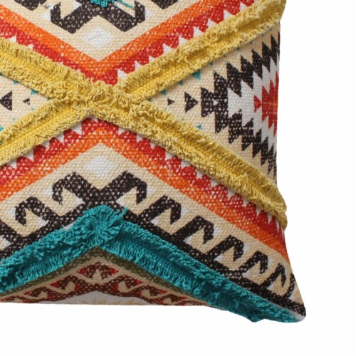18 x 18 Handwoven Cotton Accent Pillow with Lace Embellishment, Multicolor Perspective: back