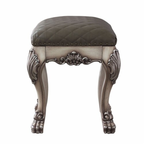 Traditional Wooden Vanity Stool with Leatherette Set and Clack Legs, Gray- Saltoro Sherpi Perspective: back