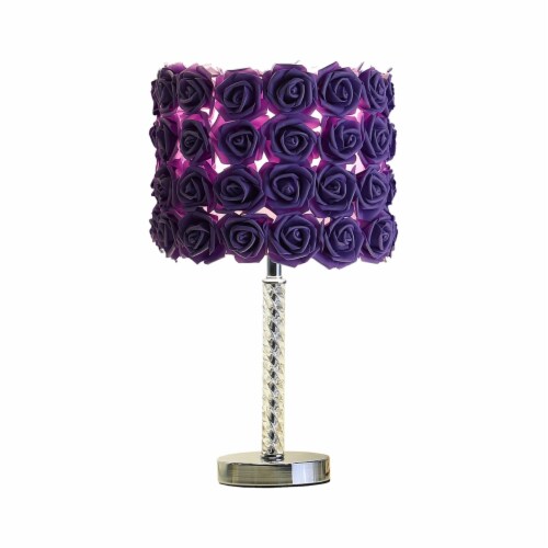 Bloom Roses Drum Shade Table Lamp with Twisted Acrylic Base, Purple- Saltoro Sherpi Perspective: back