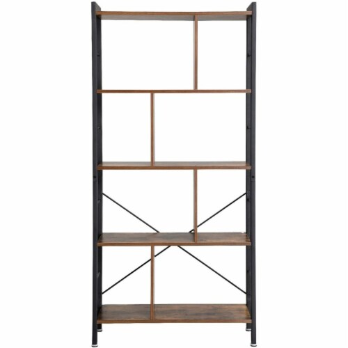 4 Tier Wood and Metal Bookcase with Crossbars, Brown and Black Perspective: back