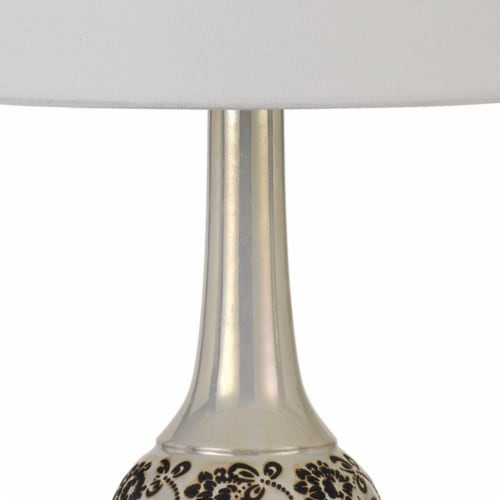 150 Watt Leaf Engraved Ceramic Base Table Lamp, Silver and Black- Saltoro Sherpi Perspective: back