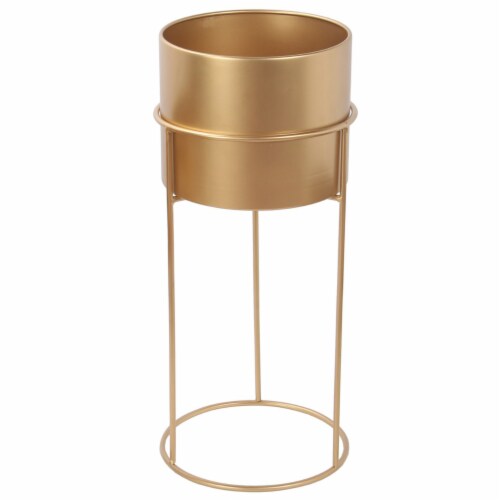 3 Piece Round Metal Planter with Tubular Base, Gold- Saltoro Sherpi Perspective: back