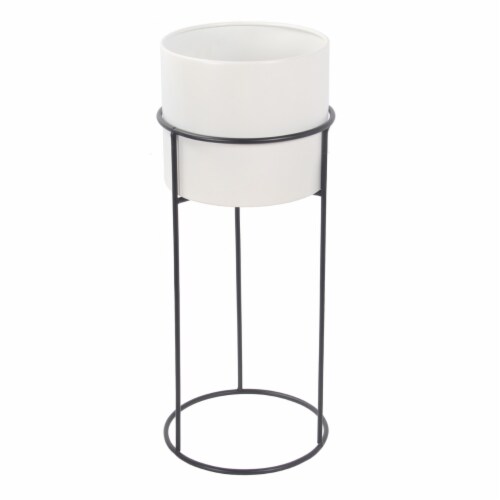 3 Piece Round Metal Planter with Tubular Base, White and Black- Saltoro Sherpi Perspective: back