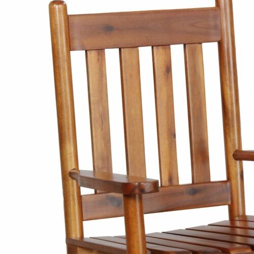 Rocking Chair with Slatted Design Back and Seat, Brown- Saltoro Sherpi Perspective: back