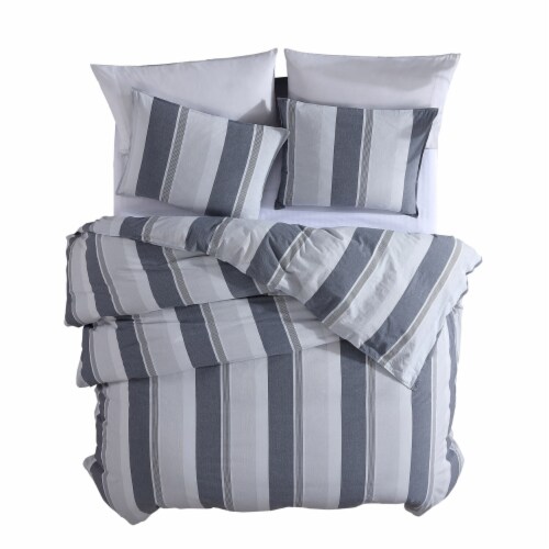 3 Piece King Comforter Set with Broad Stripes, Gray- Saltoro Sherpi Perspective: back