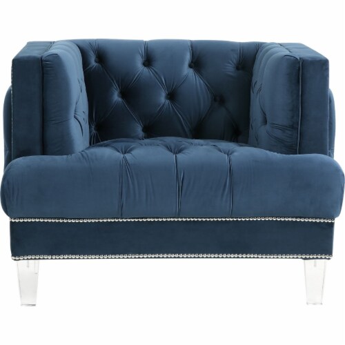 Velvet Upholstered Chair with Tufted Details and Acrylic Legs, Blue- Saltoro Sherpi Perspective: back