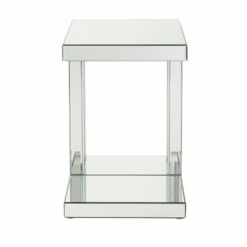 Mirrored Accent Table with C Shape and Faux Crystals, Silver Perspective: back