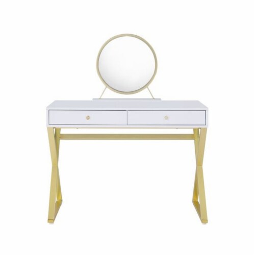 Vanity Desk with Removable Mirror and Cross Metal Legs, White and Gold- Saltoro Sherpi Perspective: back