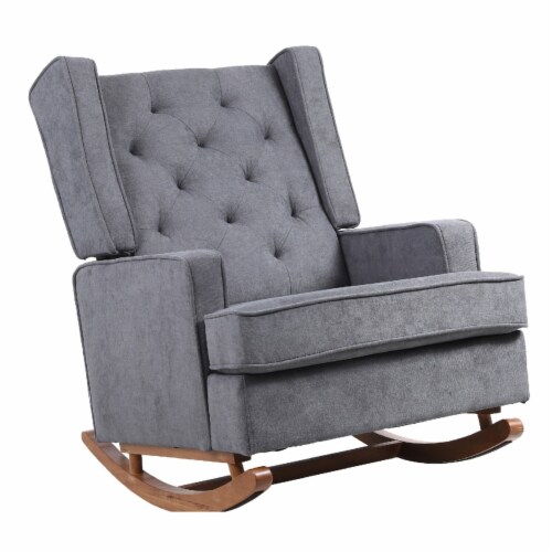Rocking Chair with Button Tufted Wingback and Track Arms, Gray- Saltoro Sherpi Perspective: back