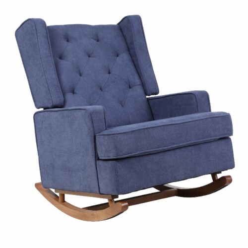 Rocking Chair with Button Tufted Wingback and Track Arms, Navy Blue- Saltoro Sherpi Perspective: back