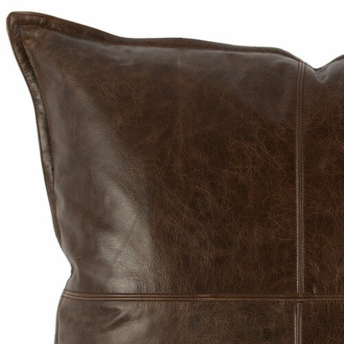 Square Leatherette Throw Pillow with Stitched Details, Dark Brown Perspective: back