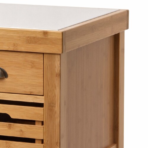 36 Inch Bamboo Kitchen Cart Island, 2 Drawers, Stainless Steel Top, Brown- Saltoro Sherpi Perspective: back