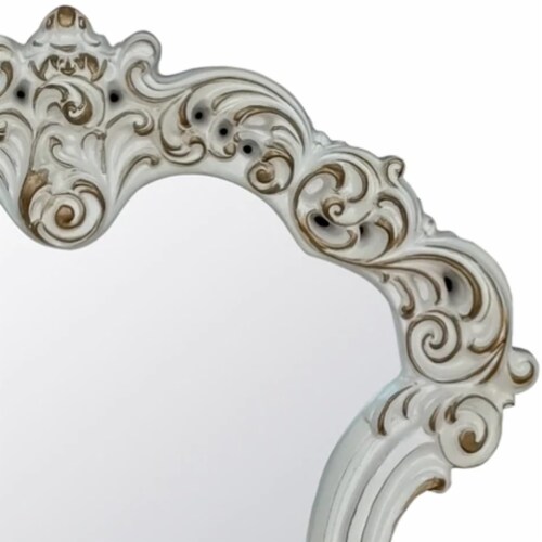 Jess 47 Inch Classic Mirror, Beveled Scrolled Carved Trim, Wood, White- Saltoro Sherpi Perspective: back