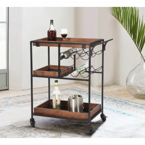 30 Inch Handcrafted Mango Wood Bar Serving Cart with Caster Wheels, 6 Bottle Holders, Tray Perspective: back