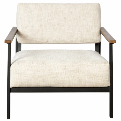 31 Inch Upholstered Accent Chair, Oak Wood Arms, Metal, Beige, Black Perspective: back