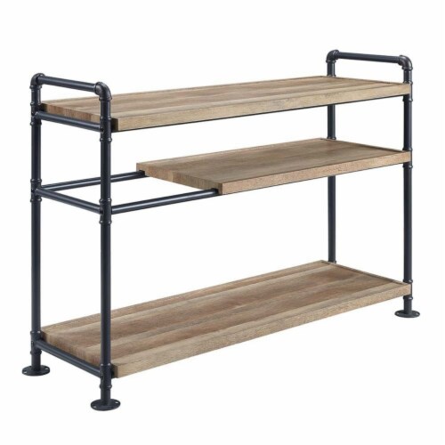 Ley 48 Inch 3 Tier Industrial Style Bookshelf, Metal, Brown, Black- Saltoro Sherpi Perspective: back