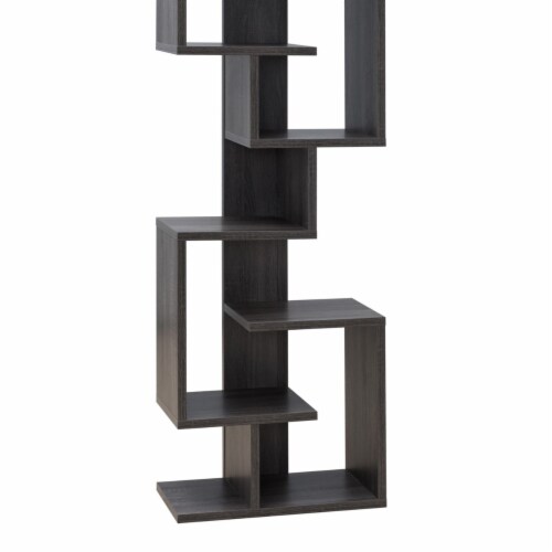 Andy 72 Inch Wood Bookcase, Geometric 7 Multi Layered Shelves, Gray Perspective: back