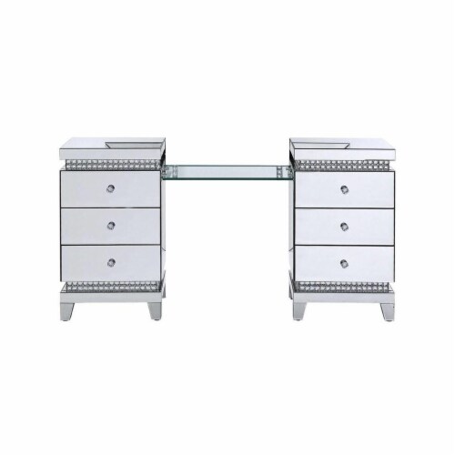 32 Inch Modern Vanity Dressing Table, Glass Top, Tri Fold Mirror, Silver, 1 unit Fry’s Food Stores