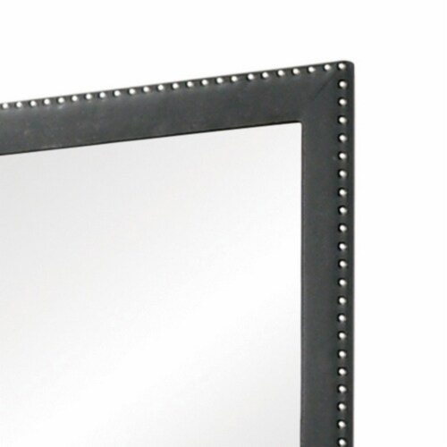Cale 40 Inch Modern Portrait Mirror, Velvet Upholstery, Nailhead Trim, Gray Perspective: back