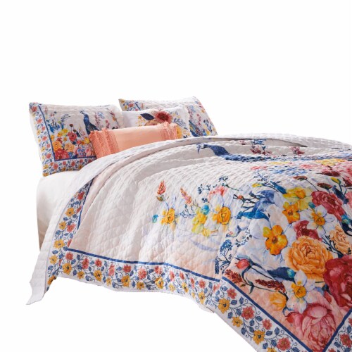 Tess Microfiber 2 Piece Twin Quilt Set, Peacock, Floral Print, Multicolor Perspective: back
