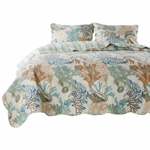 Wade 5 Piece King Quilt Set, Ocean Design, Scalloped Edges, Floral Pattern Perspective: back