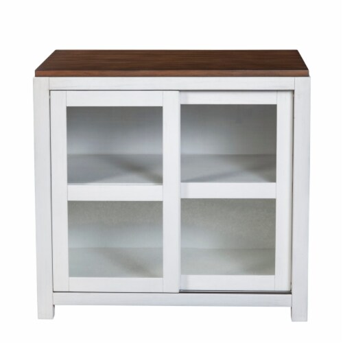Dan 37 Inch Accent Storage Cabinet, Window Pane Sliding Door, Brown, White- Saltoro Sherpi Perspective: back
