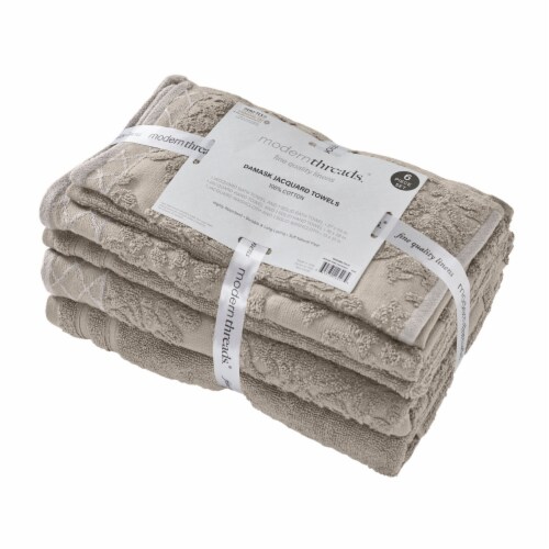 Noa 6 Piece Soft Egyptian Cotton Towel Set, Solid Damask Pattern Trim, Gray- Saltoro Sherpi Perspective: back