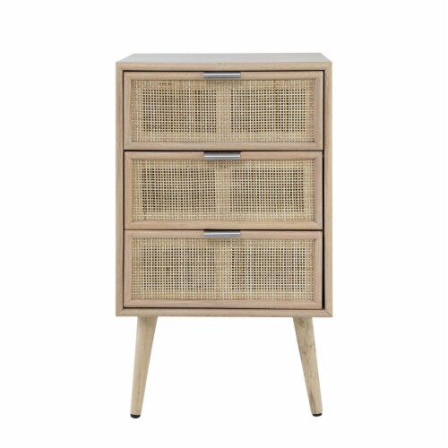 Cae 28 Inch Dresser Chest 3 Drawers Pine Wood Rattan Panels